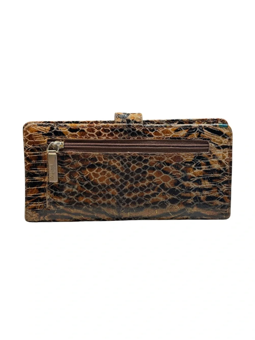HOBO International Snake Tiger Print Leather Bifold Snap Card Wallet Orange